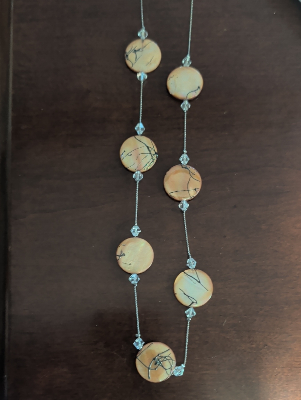 you & i necklace mother of pearl tangerine discs beaded silver tone chain boho